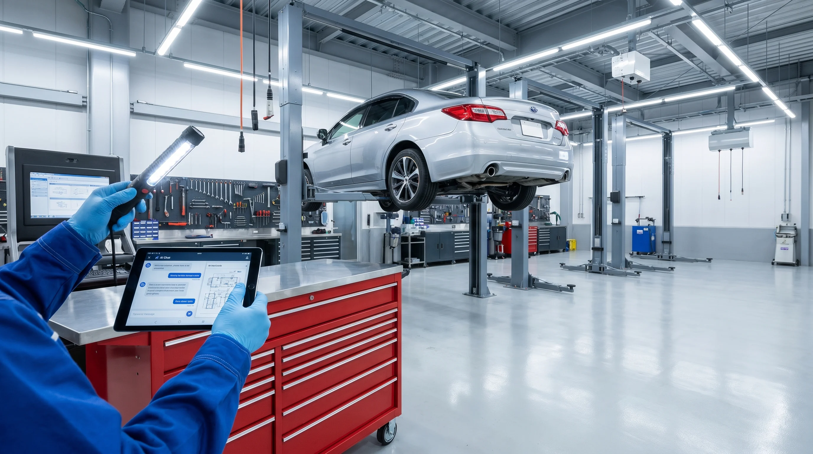 自動車整備工場のAI検索最適化（AIO）のイメージ。タブレットにAIチャット画面が映っている