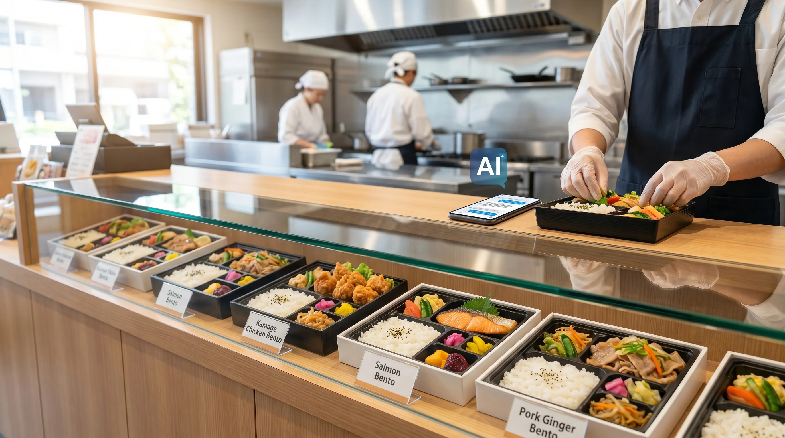 弁当店のAI検索最適化（AIO）のイメージ。タブレットにAIチャット画面が映っている
