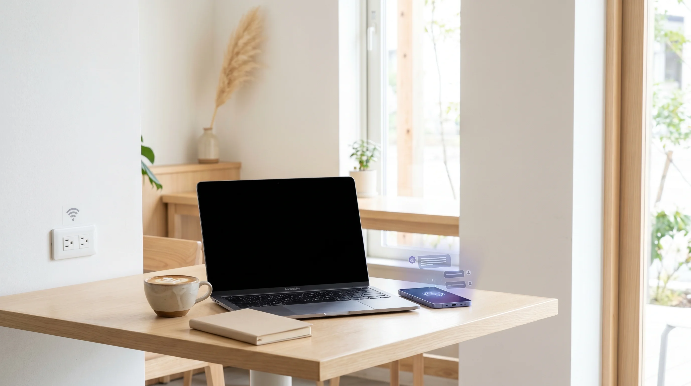 明るいカフェの木製テーブルにMacBook・ラテアートのコーヒー・スマートフォン・Wi-Fiマークの電源コンセント