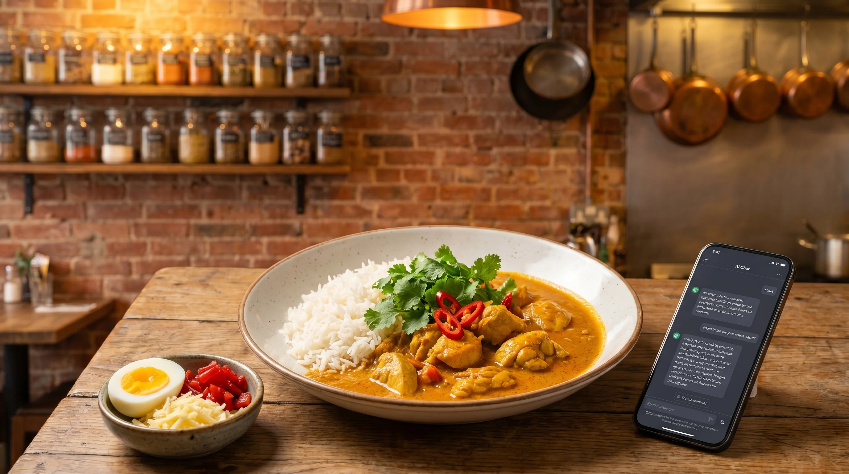 カレー専門店のAI検索最適化（AIO）のイメージ。タブレットにAIチャット画面が映っている