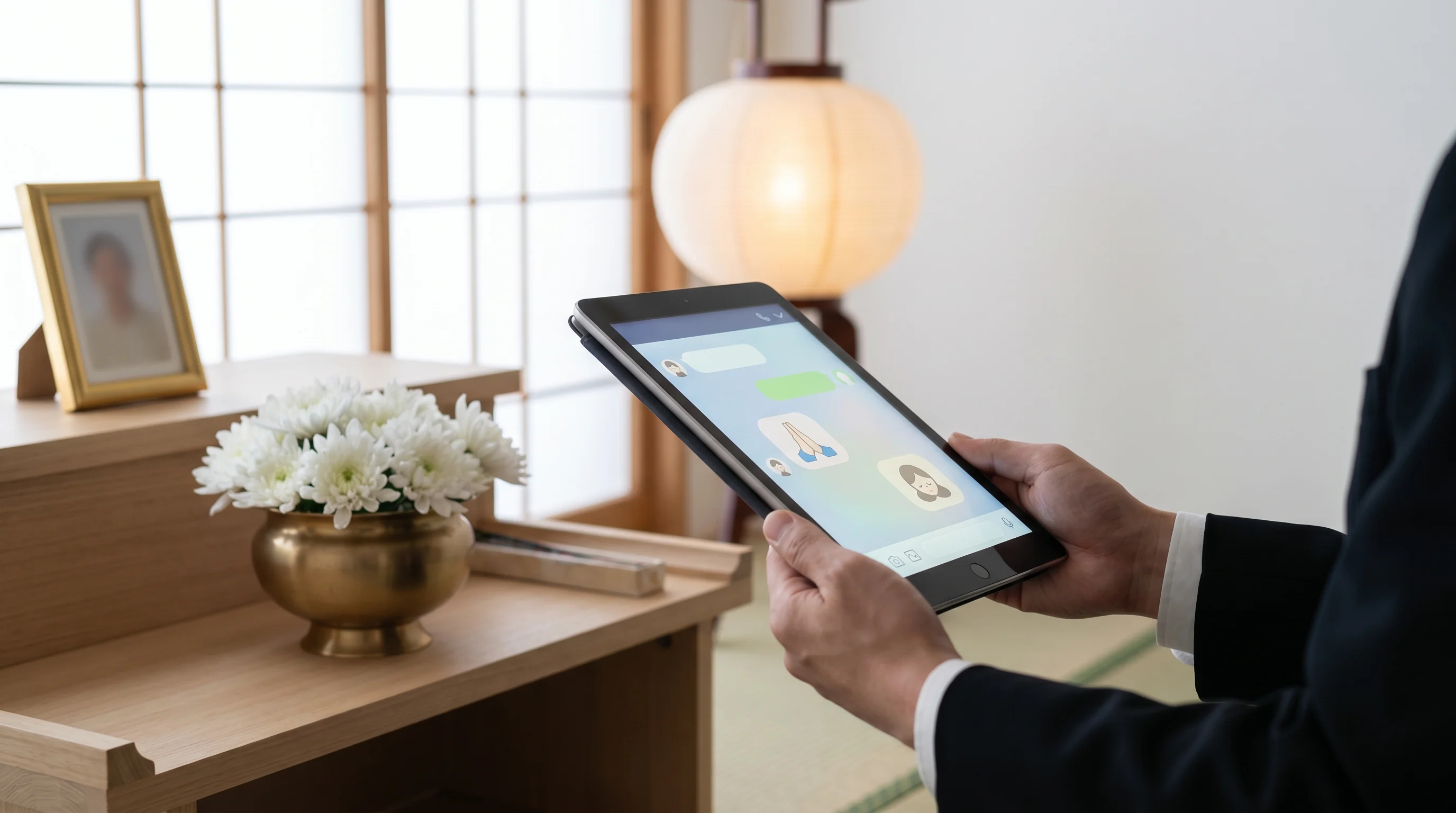 葬儀屋のAI検索最適化（AIO）のイメージ。タブレットにAIチャット画面が映っている