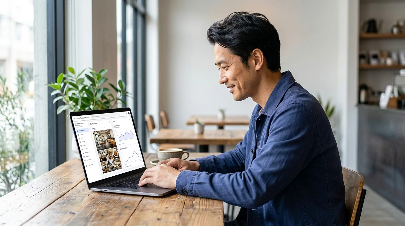 カフェでノートPCを開き、Googleビジネスプロフィール管理画面のダッシュボードを確認する店長
