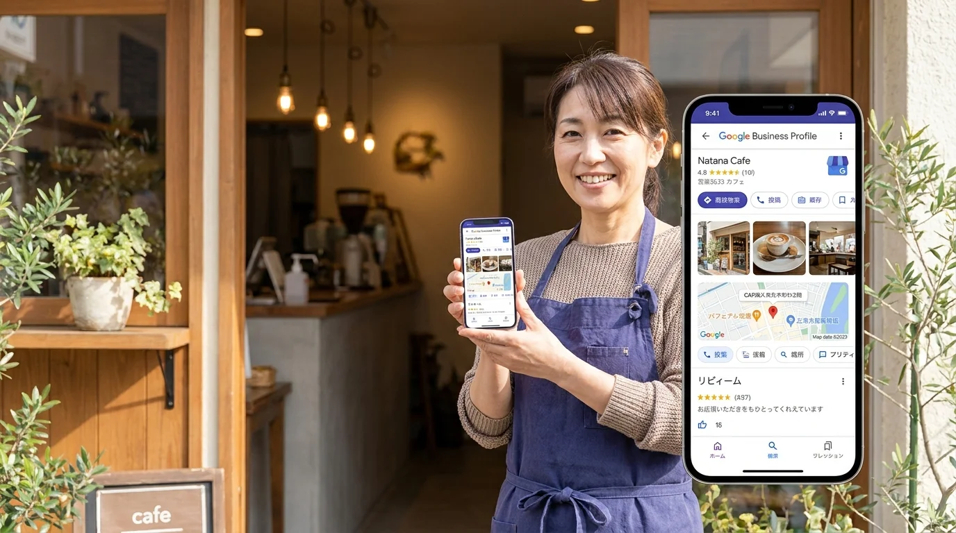笑顔の店舗オーナーがスマートフォンでGoogleビジネスプロフィールを確認している様子