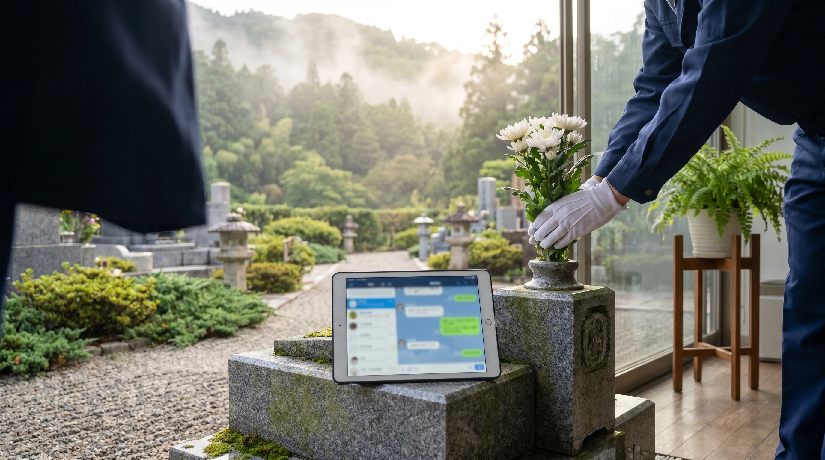 お墓・霊園のAI検索最適化（AIO）のイメージ。タブレットにAIチャット画面が映っている