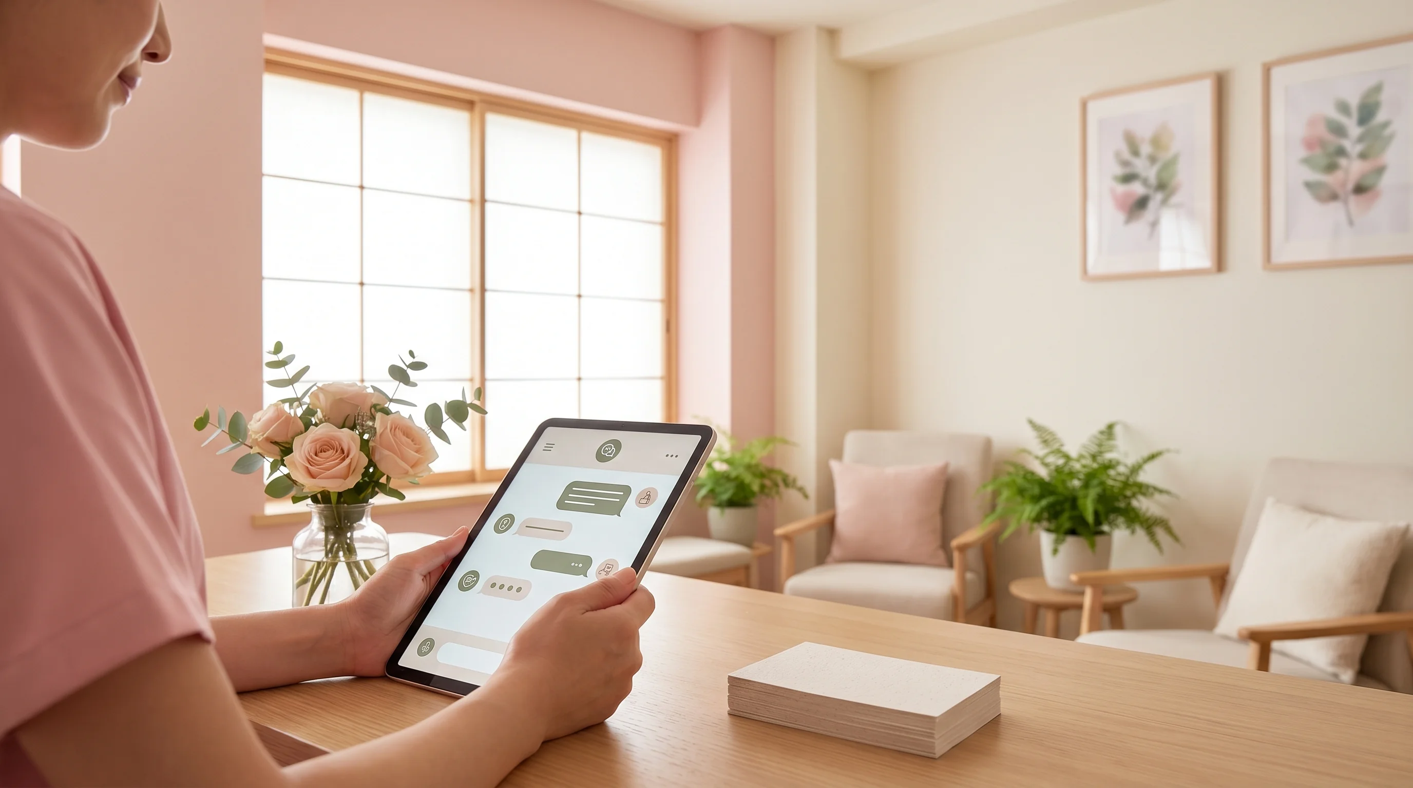婦人科のAI検索最適化（AIO）のイメージ。タブレットにAIチャット画面が映っている