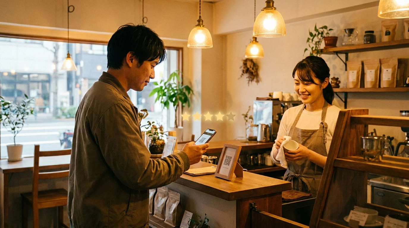 日本のカフェのカウンターでお客様がQRコードをスマートフォンでスキャンしている様子