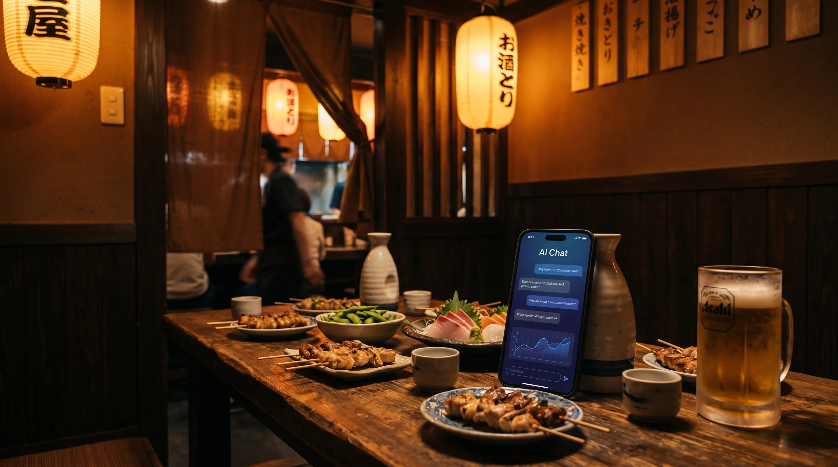 提灯の灯る居酒屋の個室テーブルに並ぶ焼き鳥や日本酒、AIチャット画面のスマートフォン