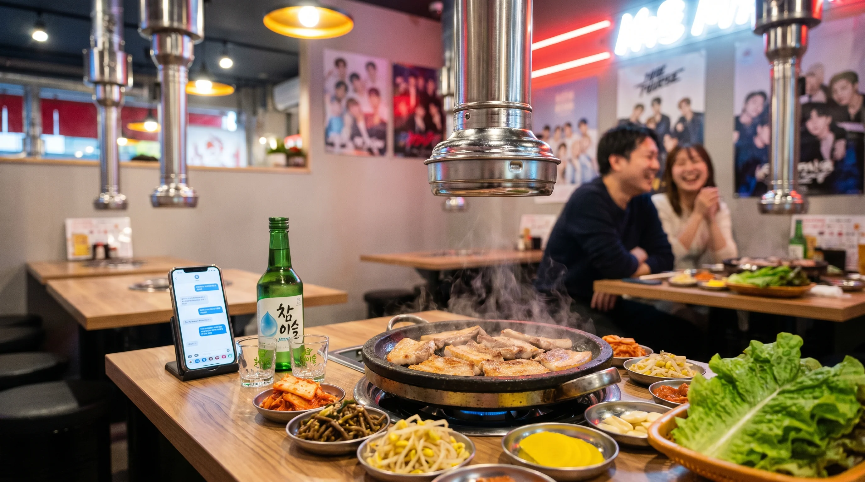 韓国料理店のAI検索最適化（AIO）のイメージ。タブレットにAIチャット画面が映っている