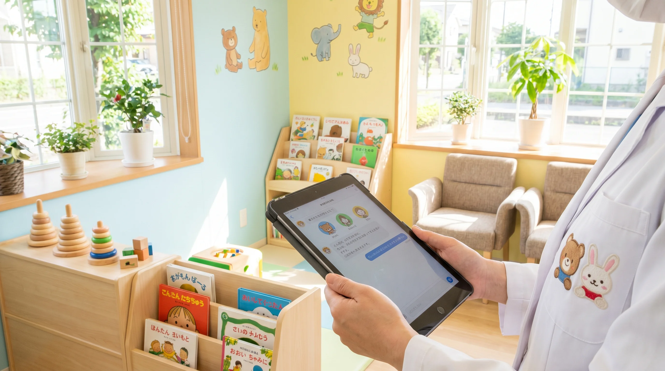 小児科のAI検索最適化（AIO）のイメージ。タブレットにAIチャット画面が映っている