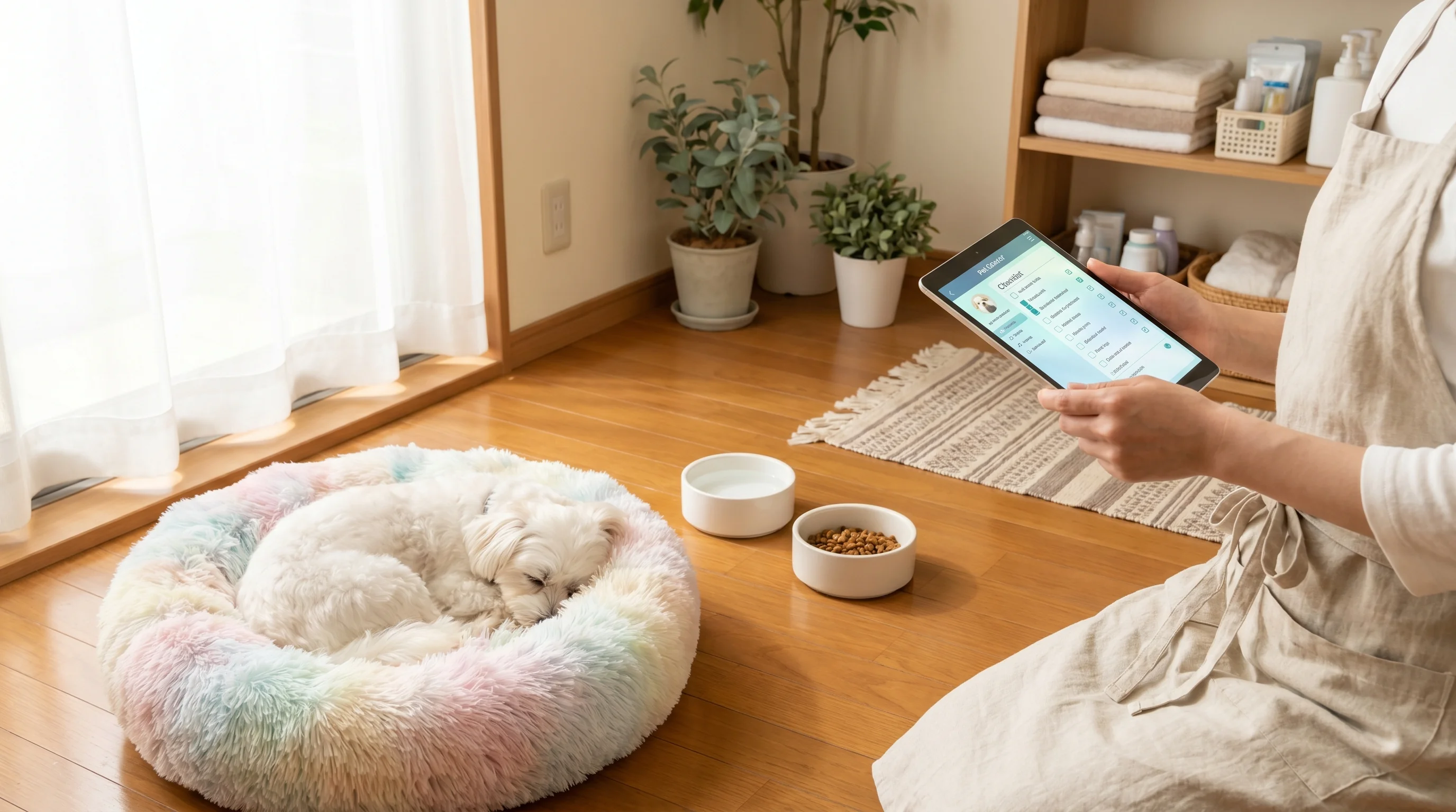 ペットホテルのAI検索最適化（AIO）のイメージ。タブレットにAIチャット画面が映っている