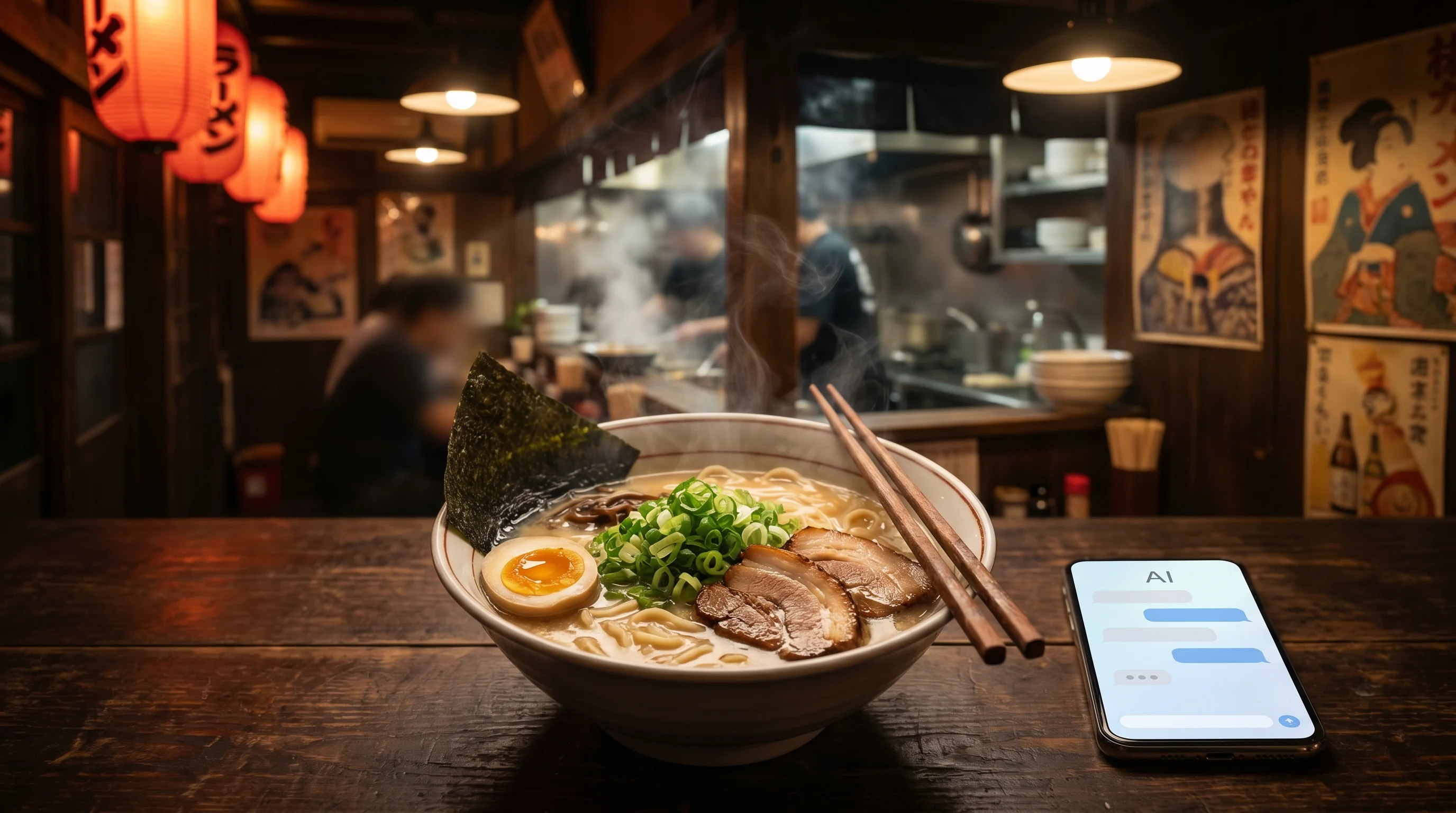 ラーメン屋のAI検索最適化（AIO）のイメージ。タブレットにAIチャット画面が映っている