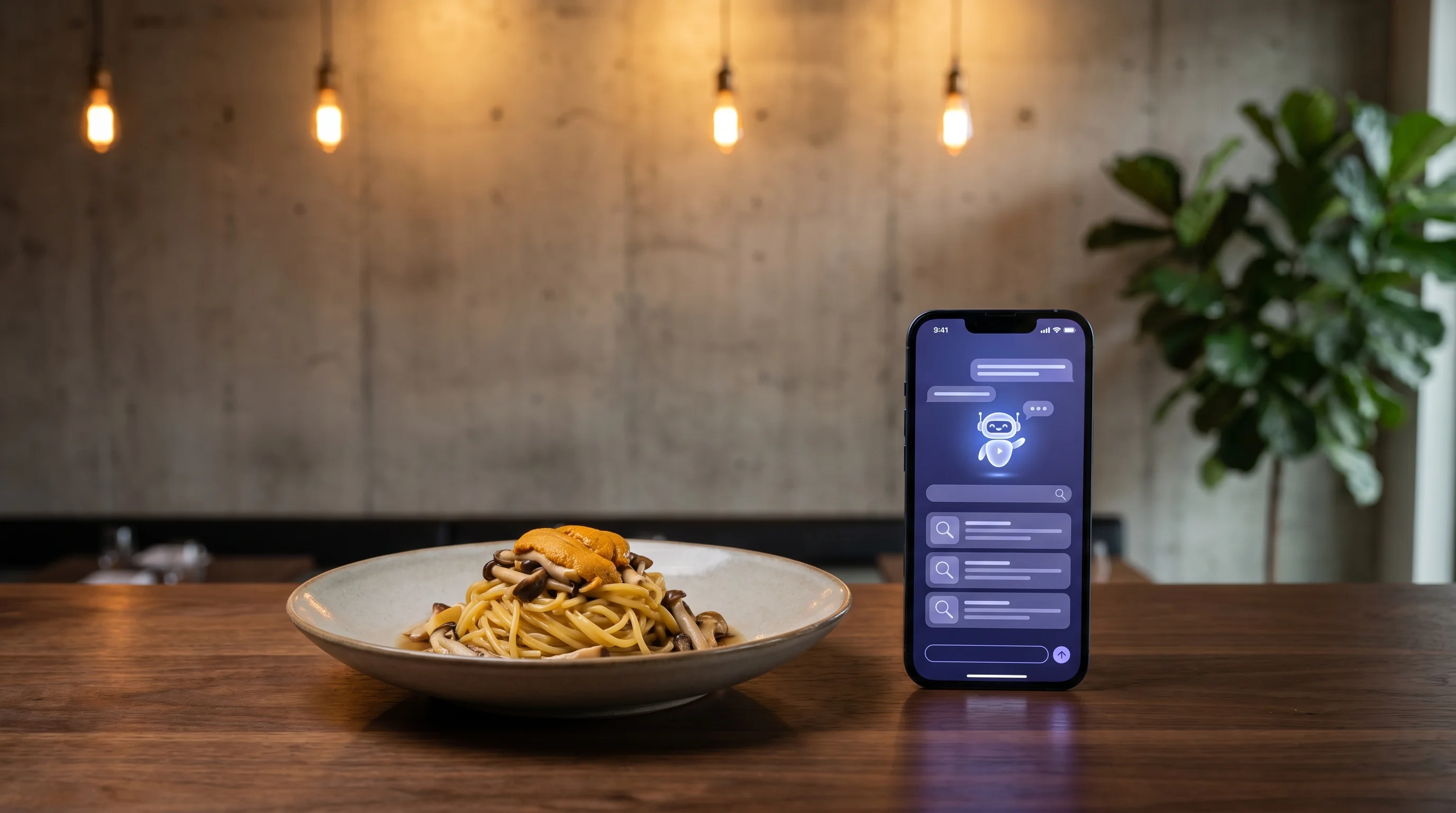 飲食店のカウンターに置かれた料理とAIチャット画面が表示されたスマートフォン