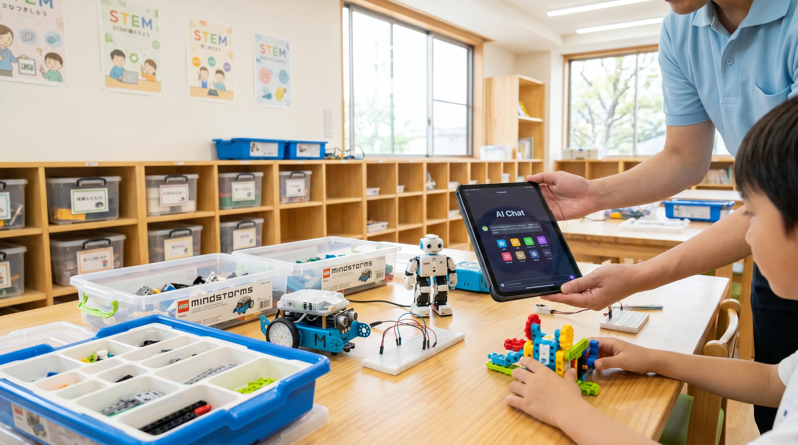 ロボット・STEM教室のAI検索最適化（AIO）のイメージ。タブレットにAIチャット画面が映っている
