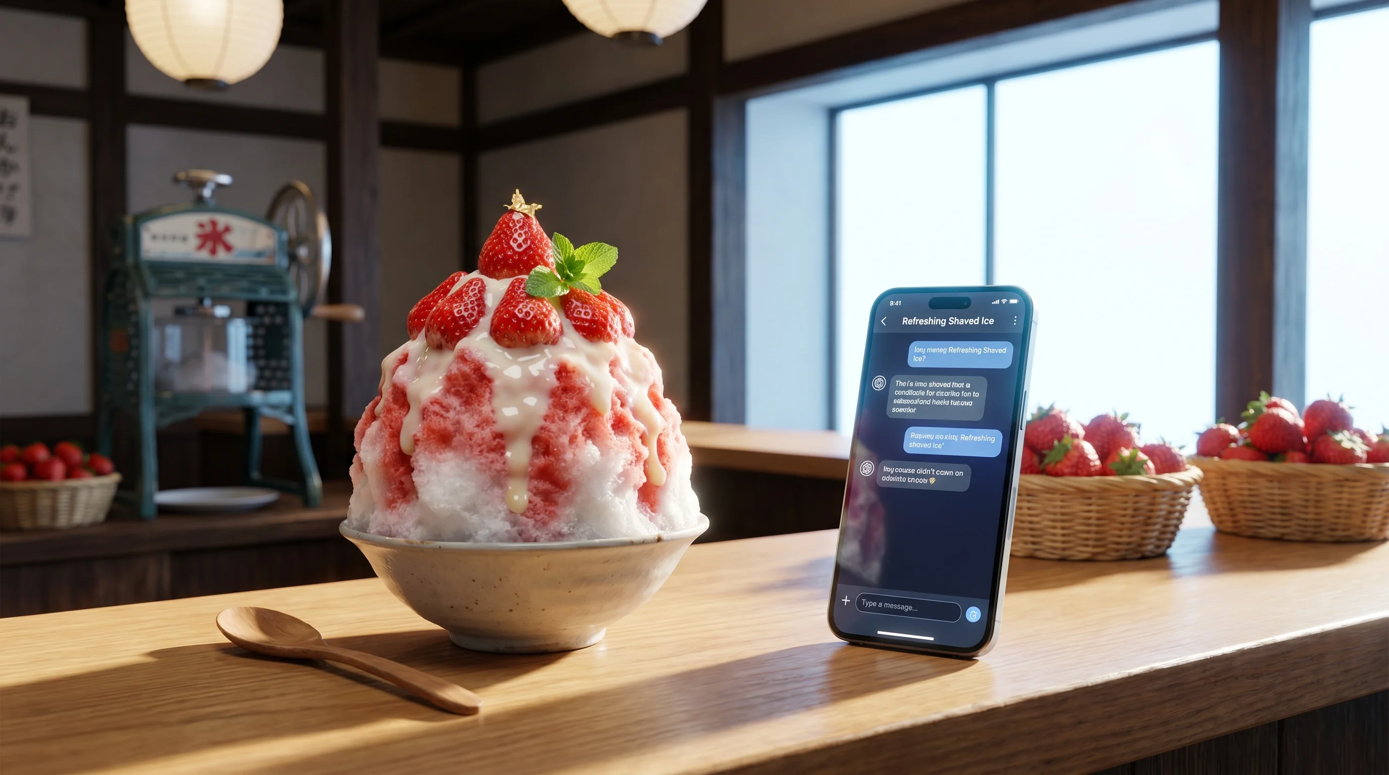 かき氷屋のAI検索最適化（AIO）のイメージ。タブレットにAIチャット画面が映っている
