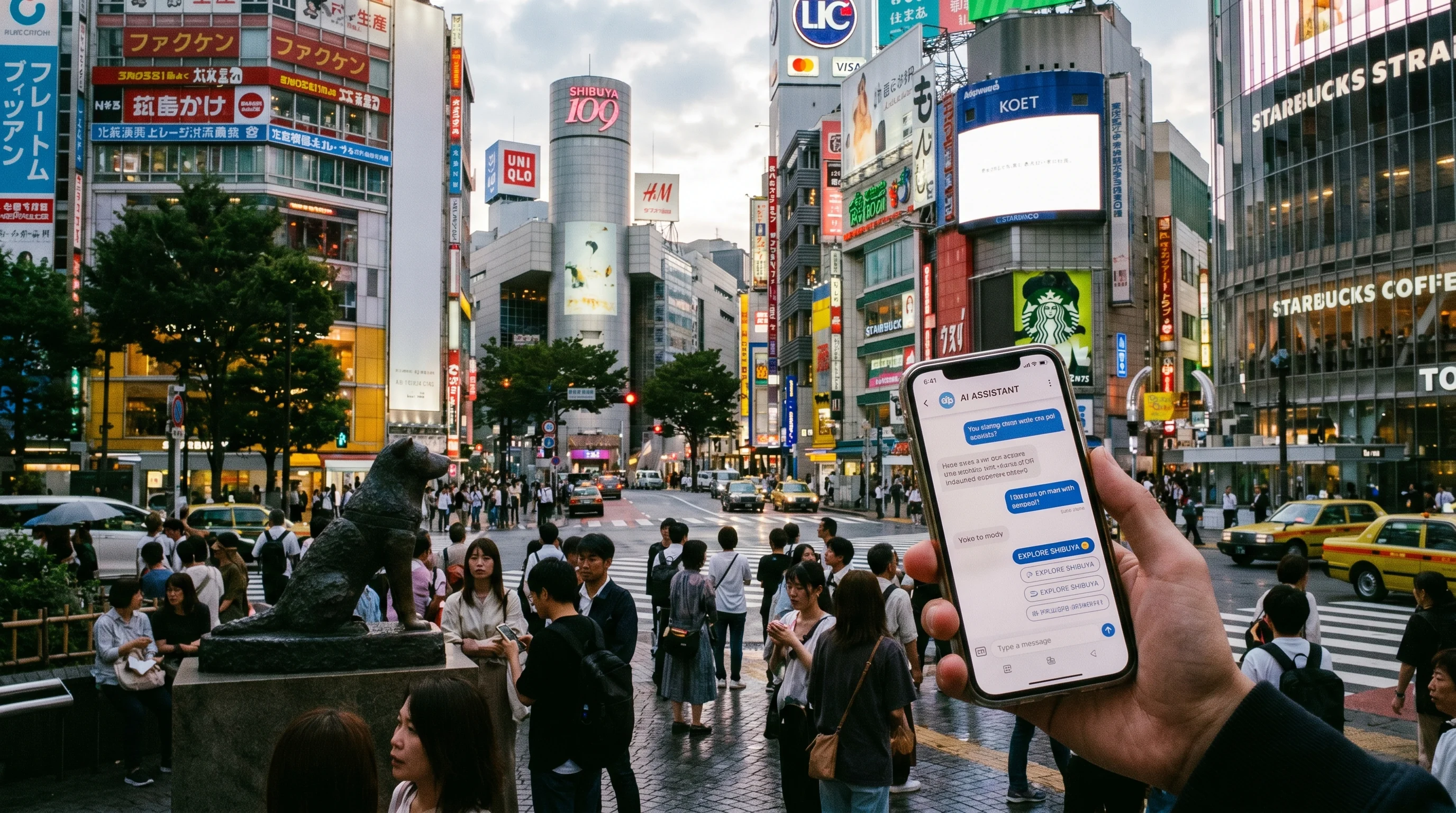 渋谷駅の街並み / 店舗集客のAI検索最適化（AIO）のイメージ