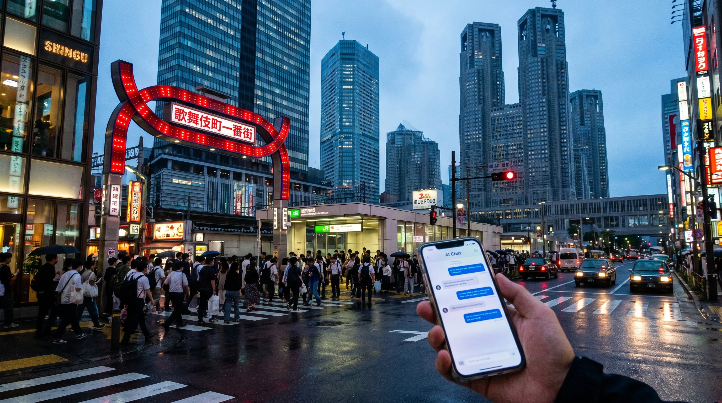新宿の高層ビル群と歌舞伎町のネオン街、AI検索で店舗を探すスマートフォン画面