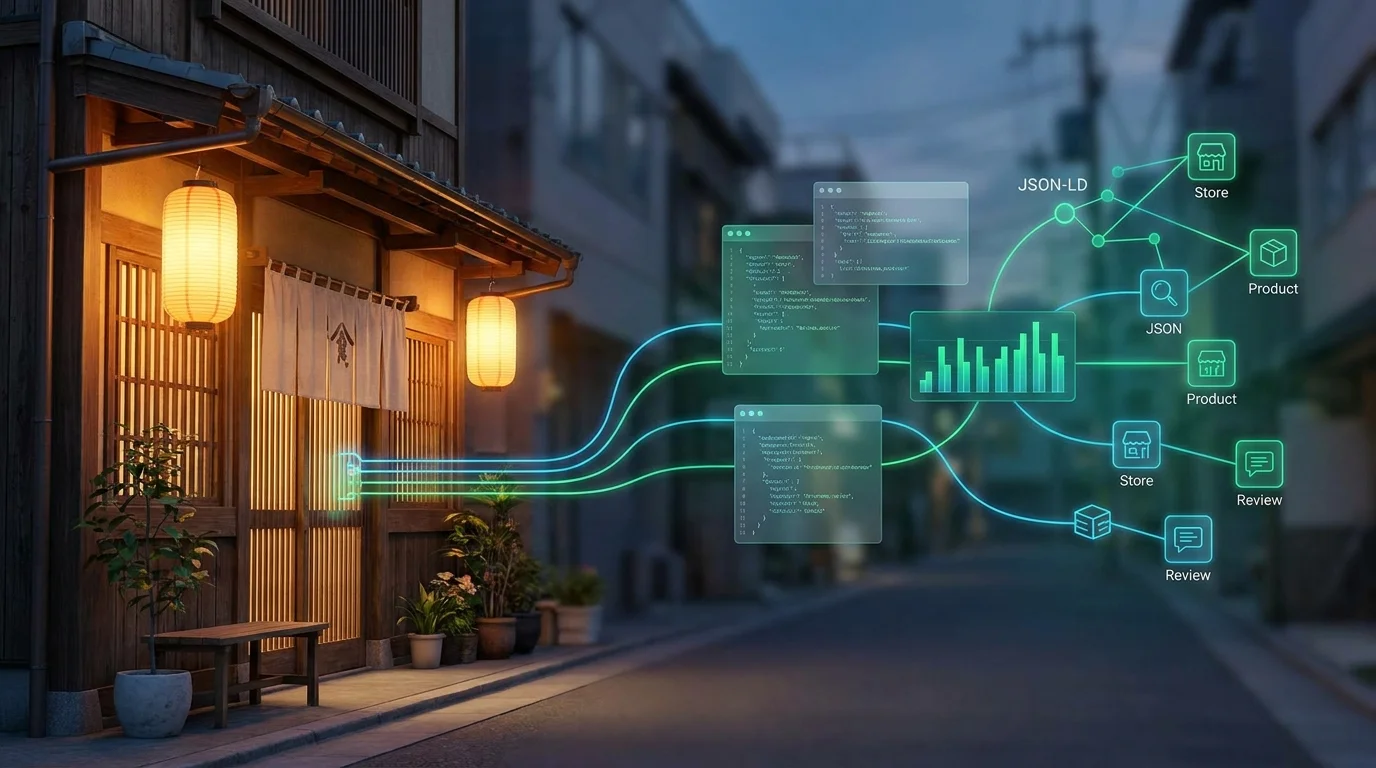 店舗の建物と、構造化データを示すコードブロックやJSON-LDが浮かぶイメージ