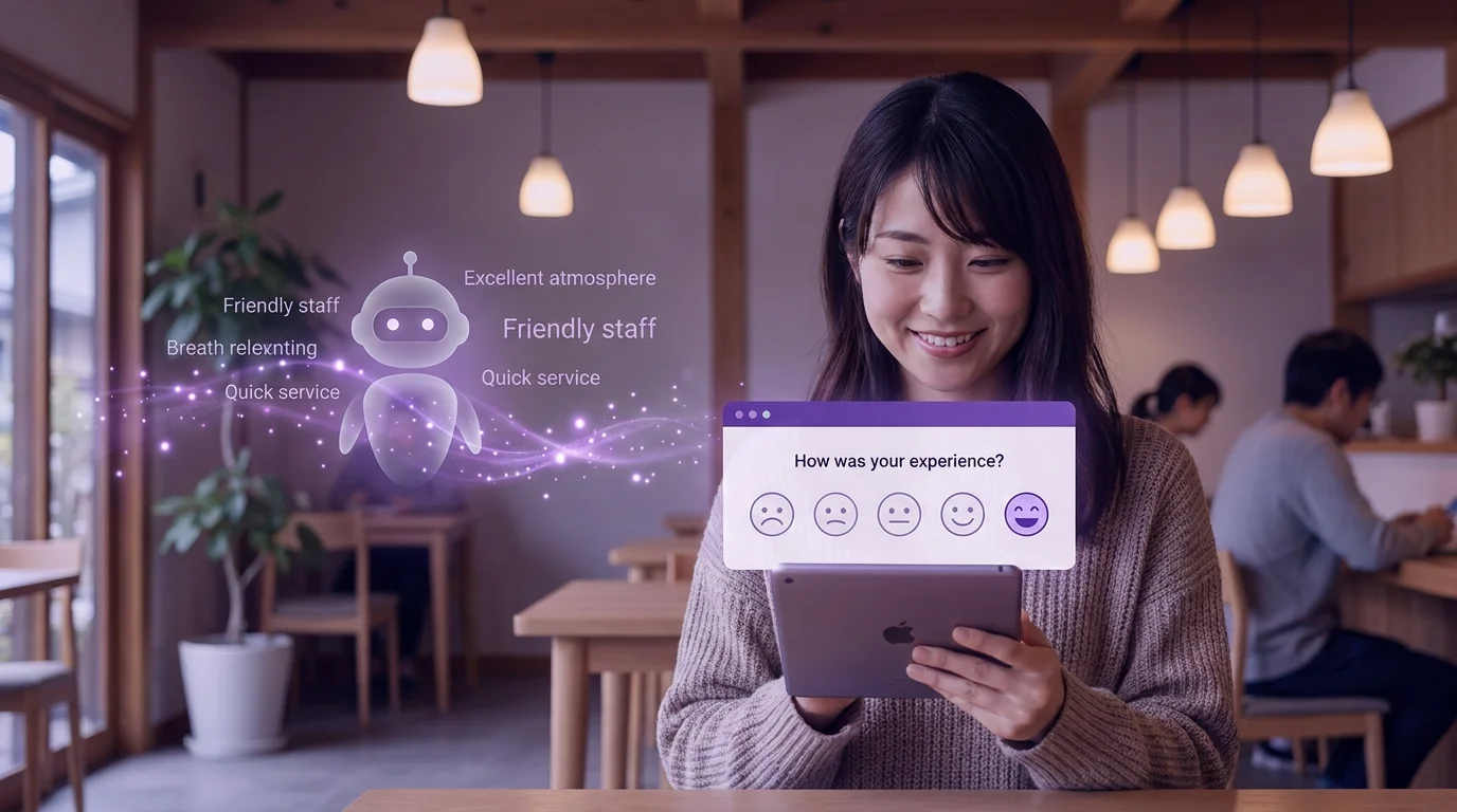 タブレットで5問のアンケートに答えるお客様と、横に表示されるAIが生成する口コミの文章