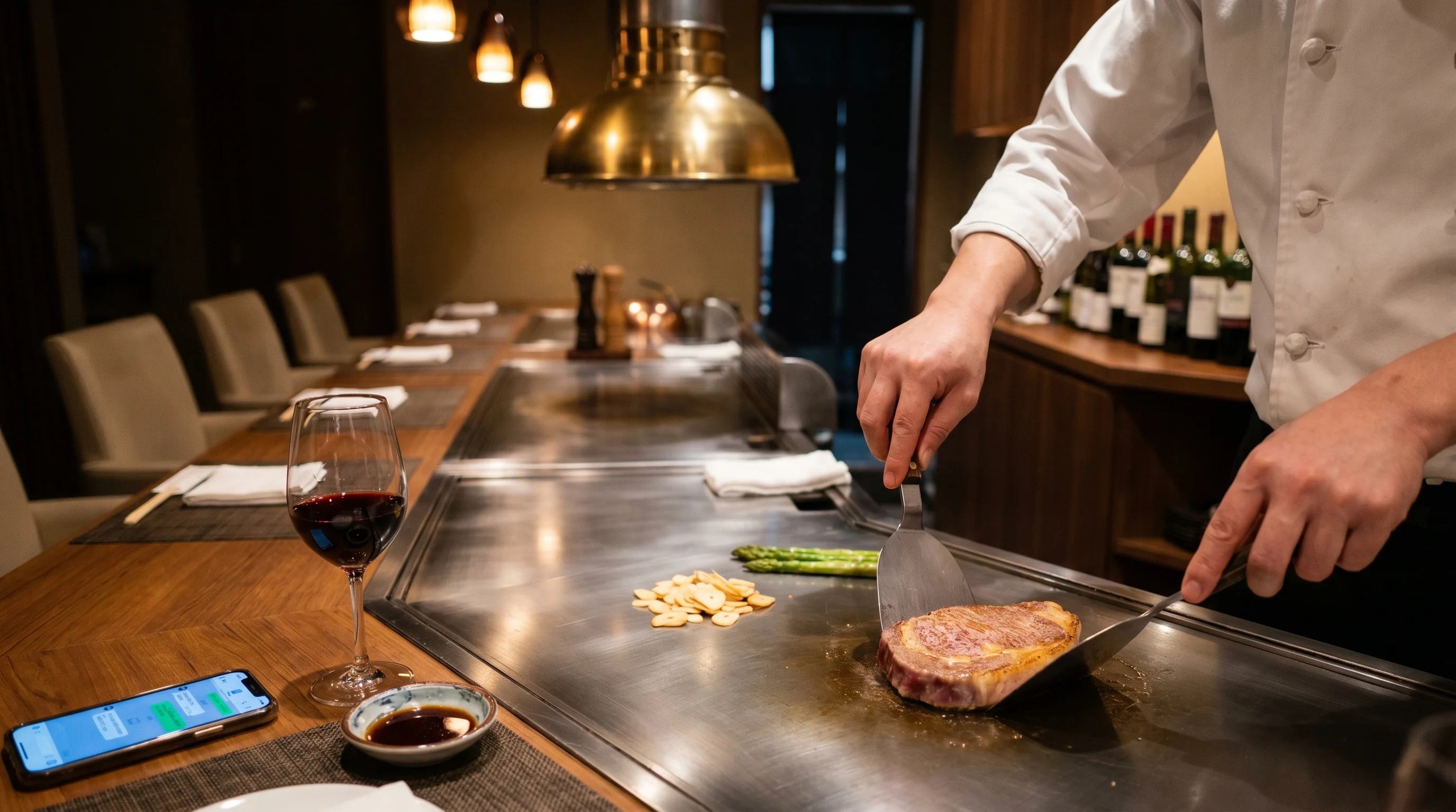 鉄板焼き屋のAI検索最適化（AIO）のイメージ。タブレットにAIチャット画面が映っている