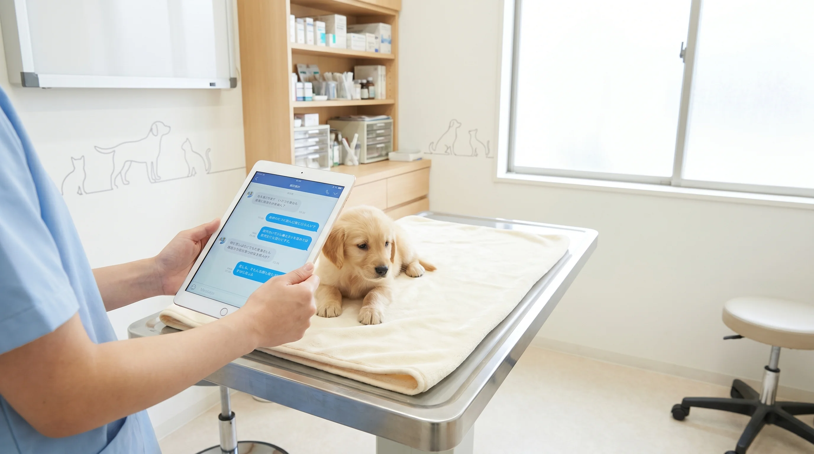 動物病院のAI検索最適化（AIO）のイメージ。タブレットにAIチャット画面が映っている