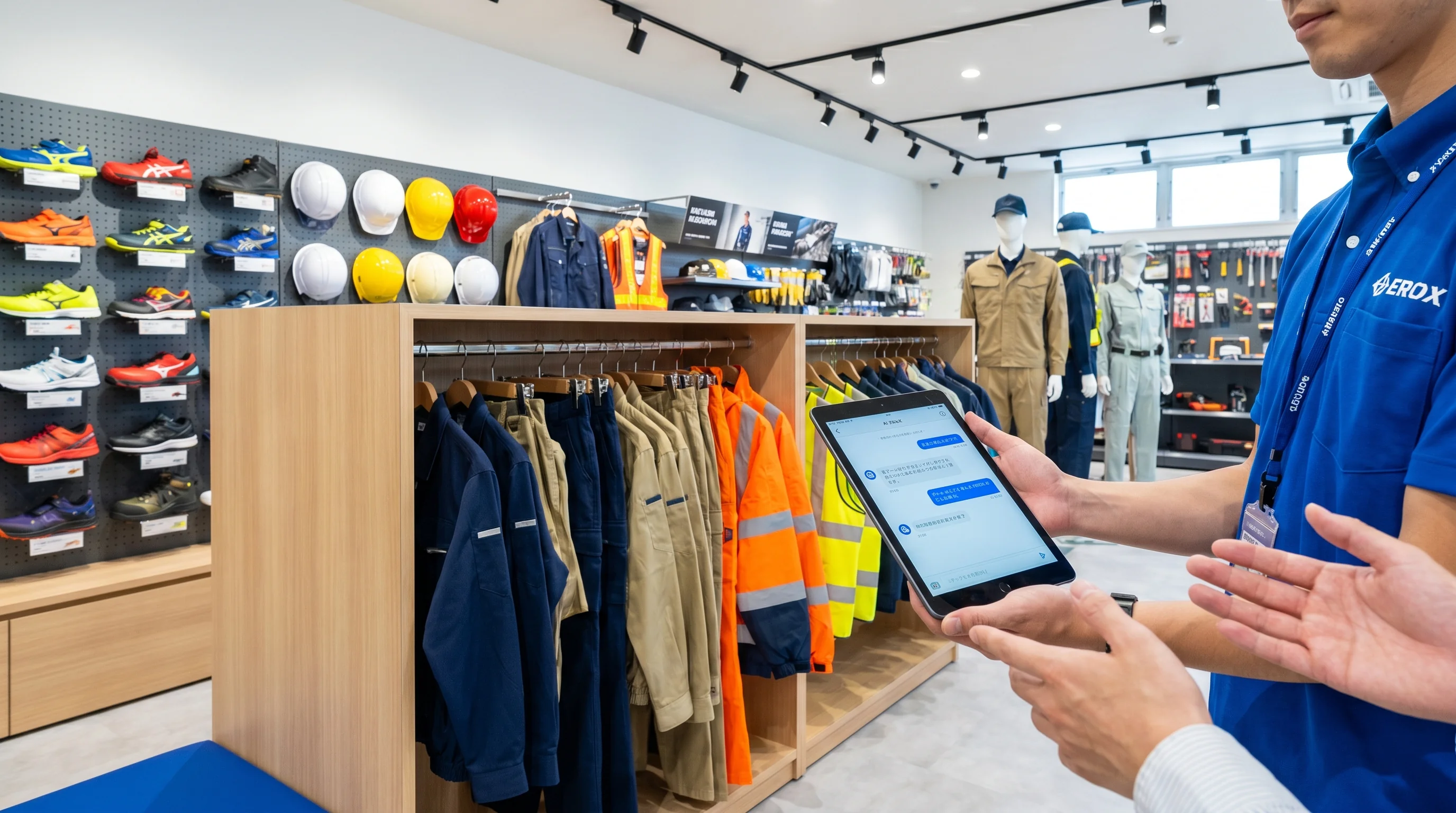 作業着・ワークウェア店のAI検索最適化（AIO）のイメージ。タブレットにAIチャット画面が映っている