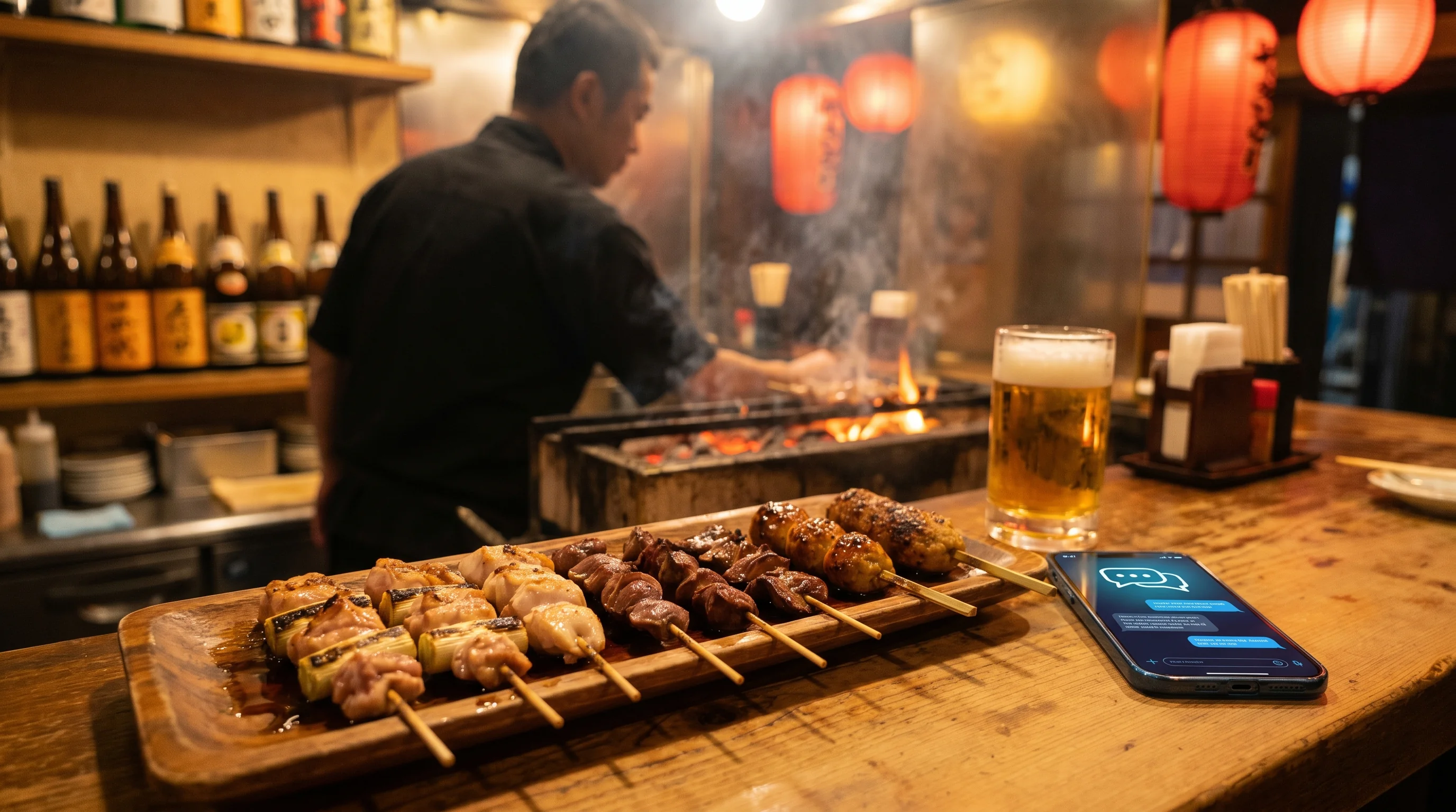 焼き鳥屋のAI検索最適化（AIO）のイメージ。タブレットにAIチャット画面が映っている